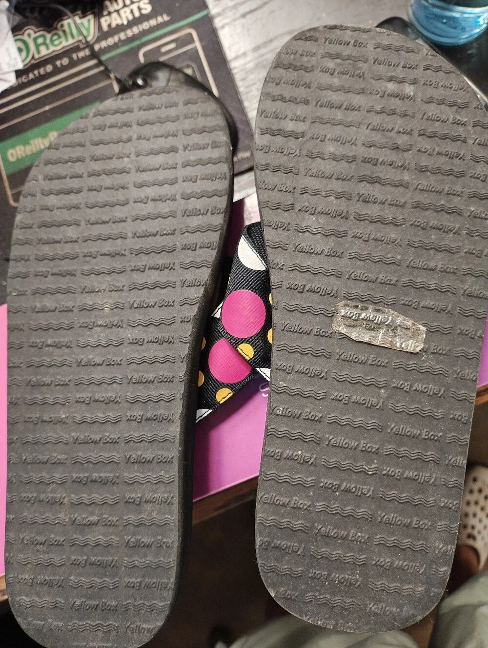 Yellow Box Black Flip Flops with Pink and Yellow Polka Dots - Picture 2 of 2